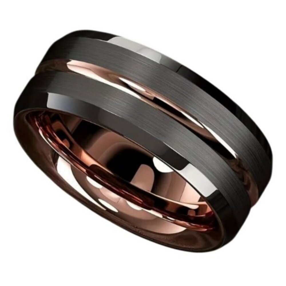 Tungsten Steel Matte Black Polished Double Bevel Rose Gold channel wedding ring